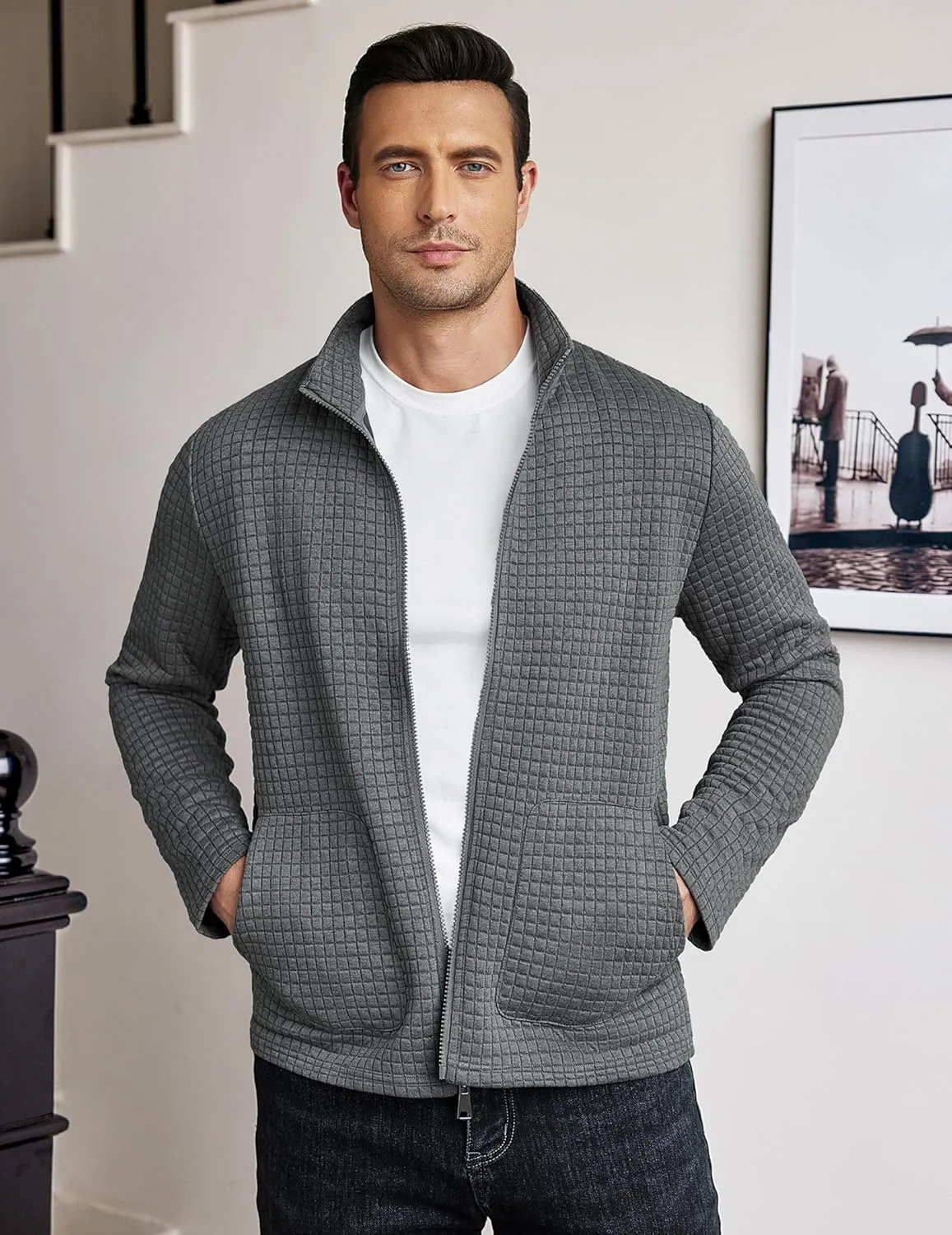 COOFANDY Men's Lightweight Varsity Jacket Casual Bomber Jackets Waffle Zip Up Coat with Pocket