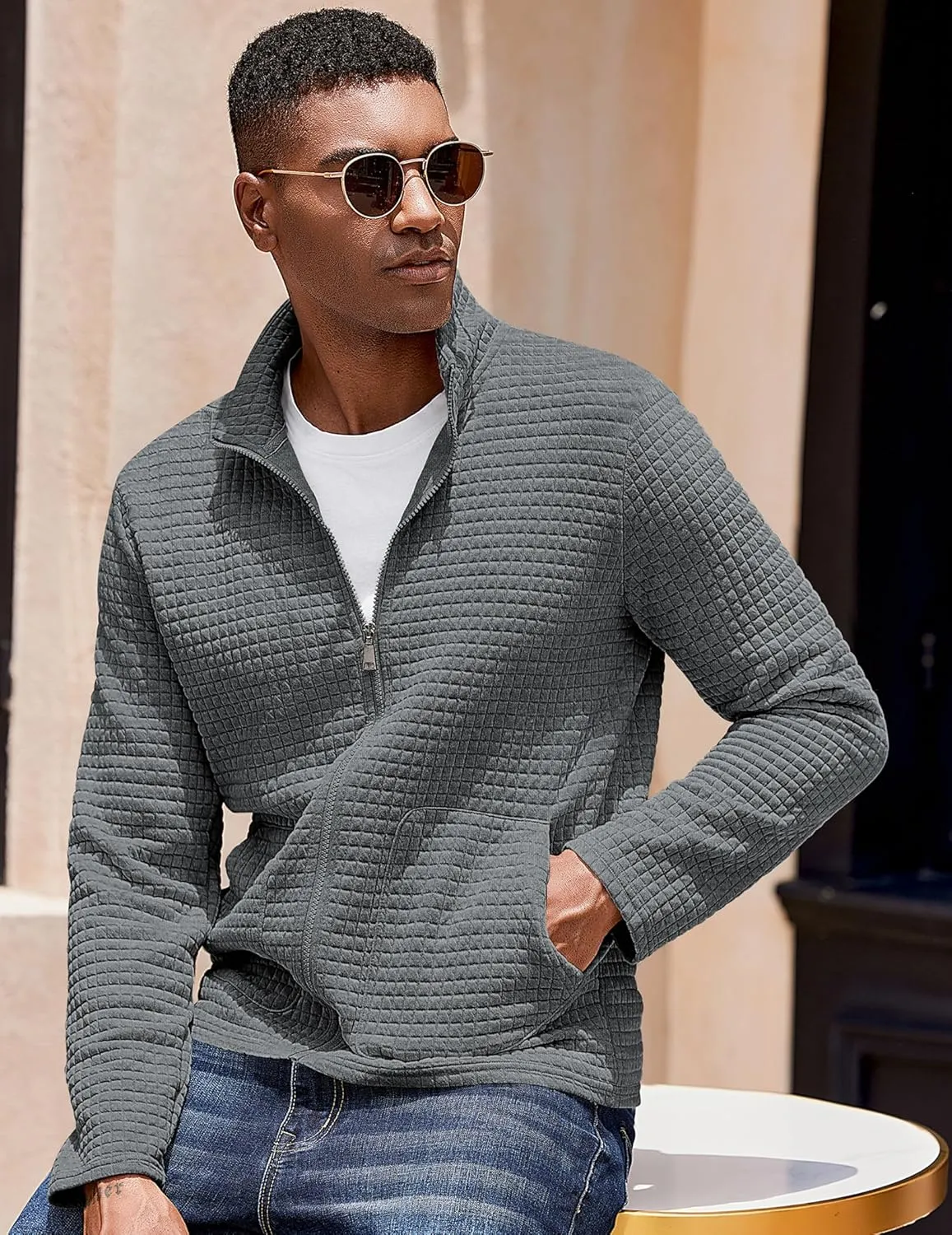 COOFANDY Men's Lightweight Varsity Jacket Casual Bomber Jackets Waffle Zip Up Coat with Pocket