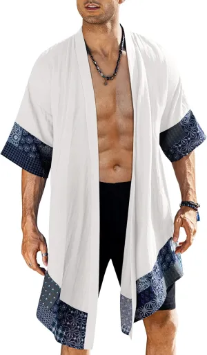 COOFANDY Men's Ruffle Shawl Collar Lightweight Cardigan Long Kimono Jackets Open Front Drape Cape Coat