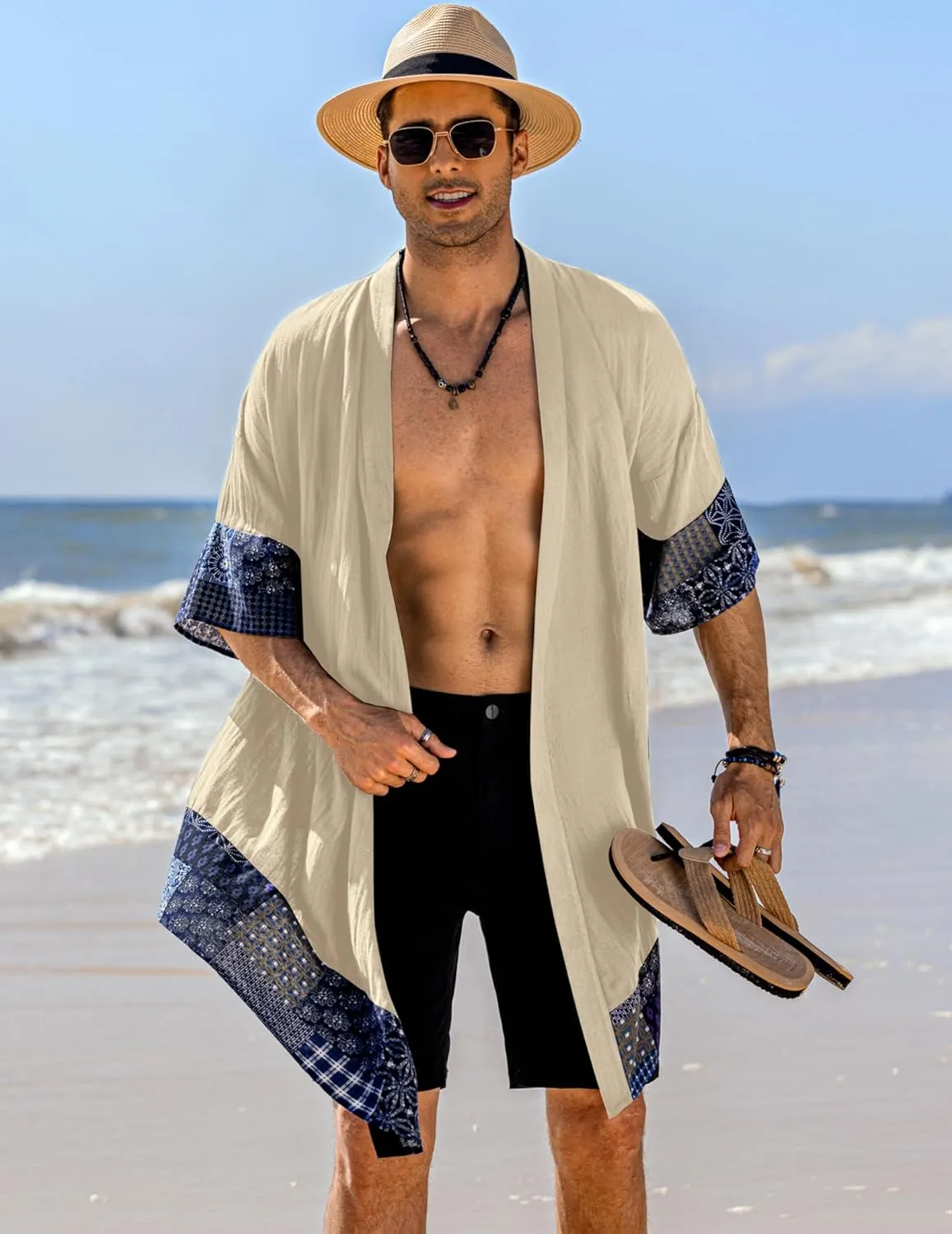 COOFANDY Men's Ruffle Shawl Collar Lightweight Cardigan Long Kimono Jackets Open Front Drape Cape Coat