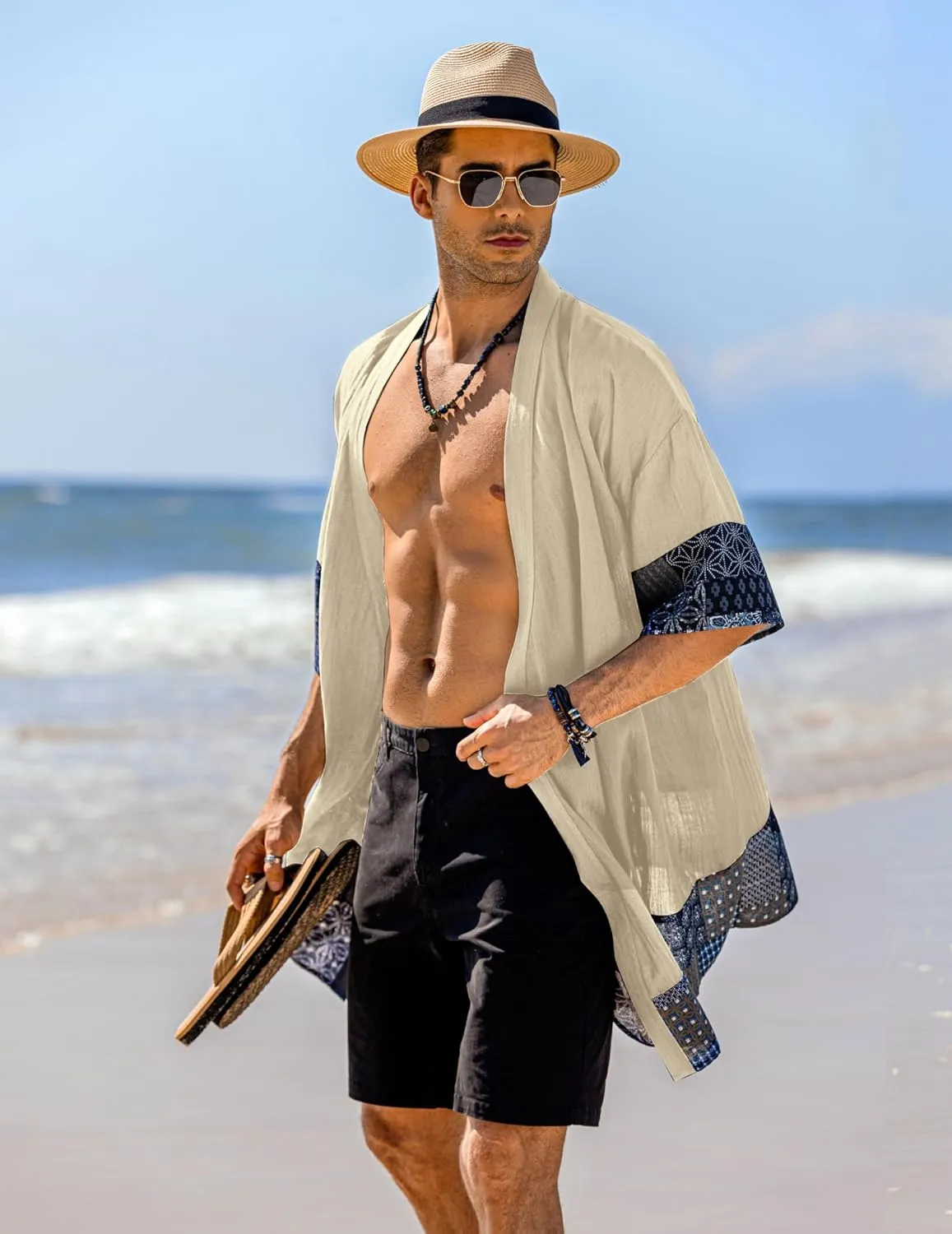 COOFANDY Men's Ruffle Shawl Collar Lightweight Cardigan Long Kimono Jackets Open Front Drape Cape Coat