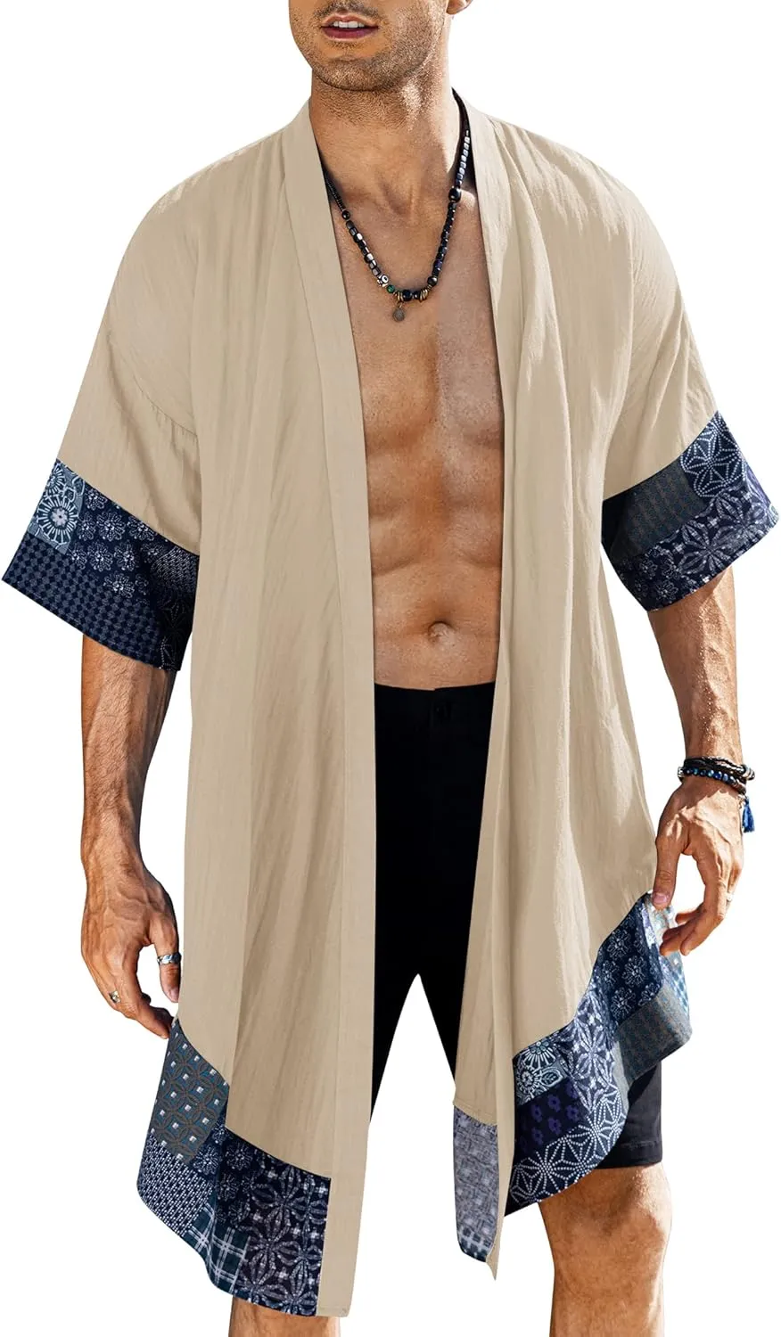 COOFANDY Men's Ruffle Shawl Collar Lightweight Cardigan Long Kimono Jackets Open Front Drape Cape Coat