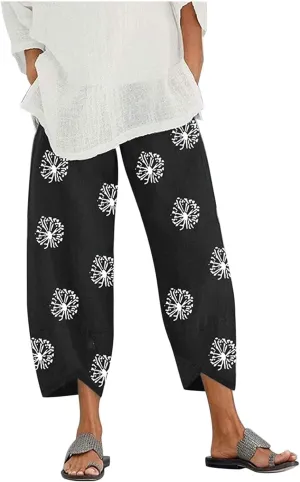 Cotton Linen Pants Casual Summer Capri Pants for Women Baggy Elastic Waisted Yoga Trousers Wide Leg Cropped Pants