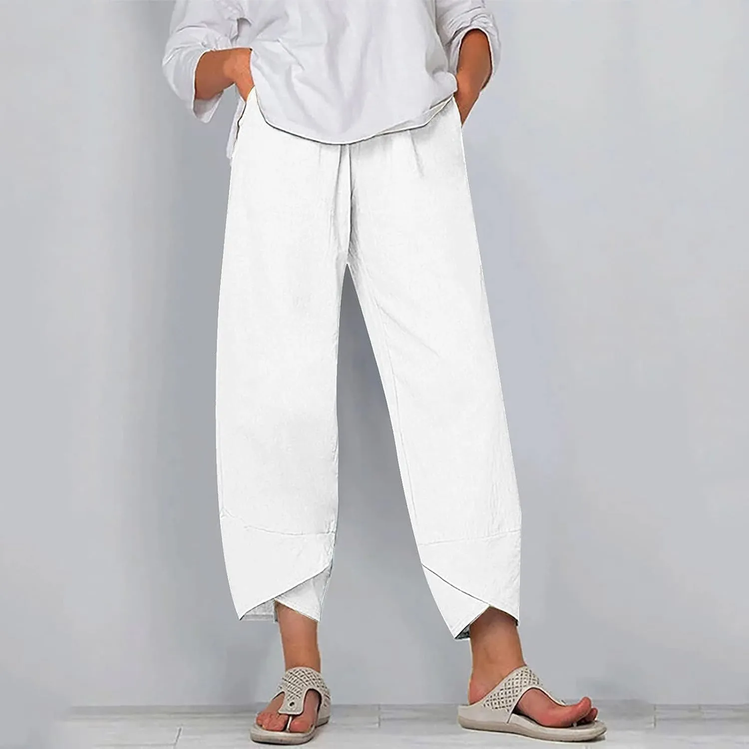 Cotton Linen Pants Casual Summer Capri Pants for Women Baggy Elastic Waisted Yoga Trousers Wide Leg Cropped Pants