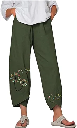 Cotton Linen Pants Casual Summer Capri Pants for Women Baggy Elastic Waisted Yoga Trousers Wide Leg Cropped Pants