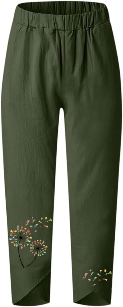 Cotton Linen Pants Casual Summer Capri Pants for Women Baggy Elastic Waisted Yoga Trousers Wide Leg Cropped Pants