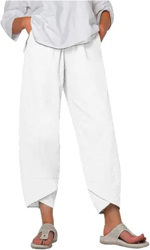 Cotton Linen Pants Casual Summer Capri Pants for Women Baggy Elastic Waisted Yoga Trousers Wide Leg Cropped Pants