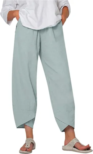 Cotton Linen Pants Casual Summer Capri Pants for Women Baggy Elastic Waisted Yoga Trousers Wide Leg Cropped Pants