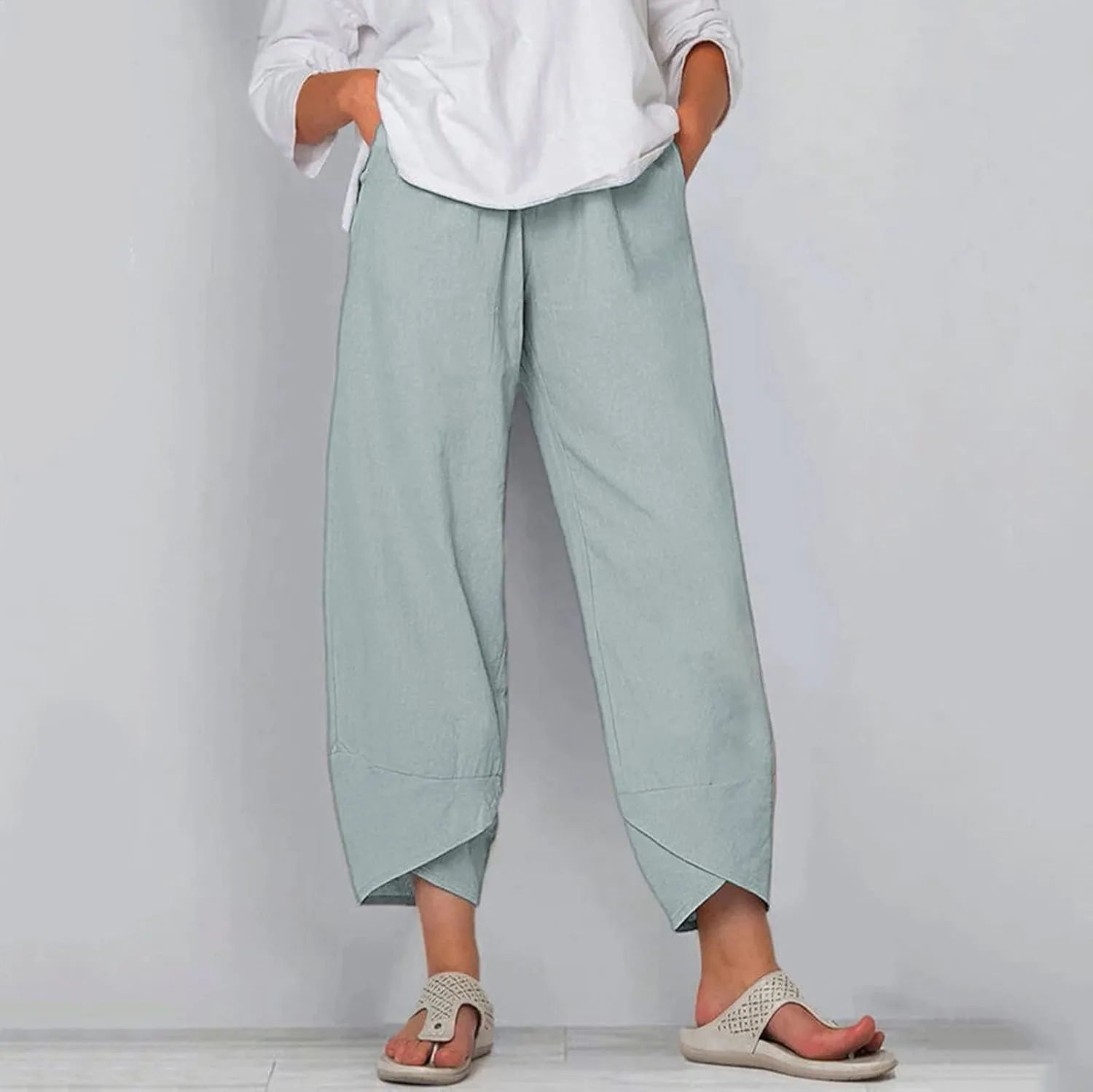 Cotton Linen Pants Casual Summer Capri Pants for Women Baggy Elastic Waisted Yoga Trousers Wide Leg Cropped Pants
