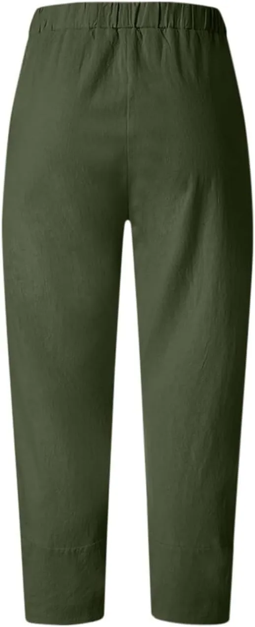 Cotton Linen Pants Casual Summer Capri Pants for Women Baggy Elastic Waisted Yoga Trousers Wide Leg Cropped Pants