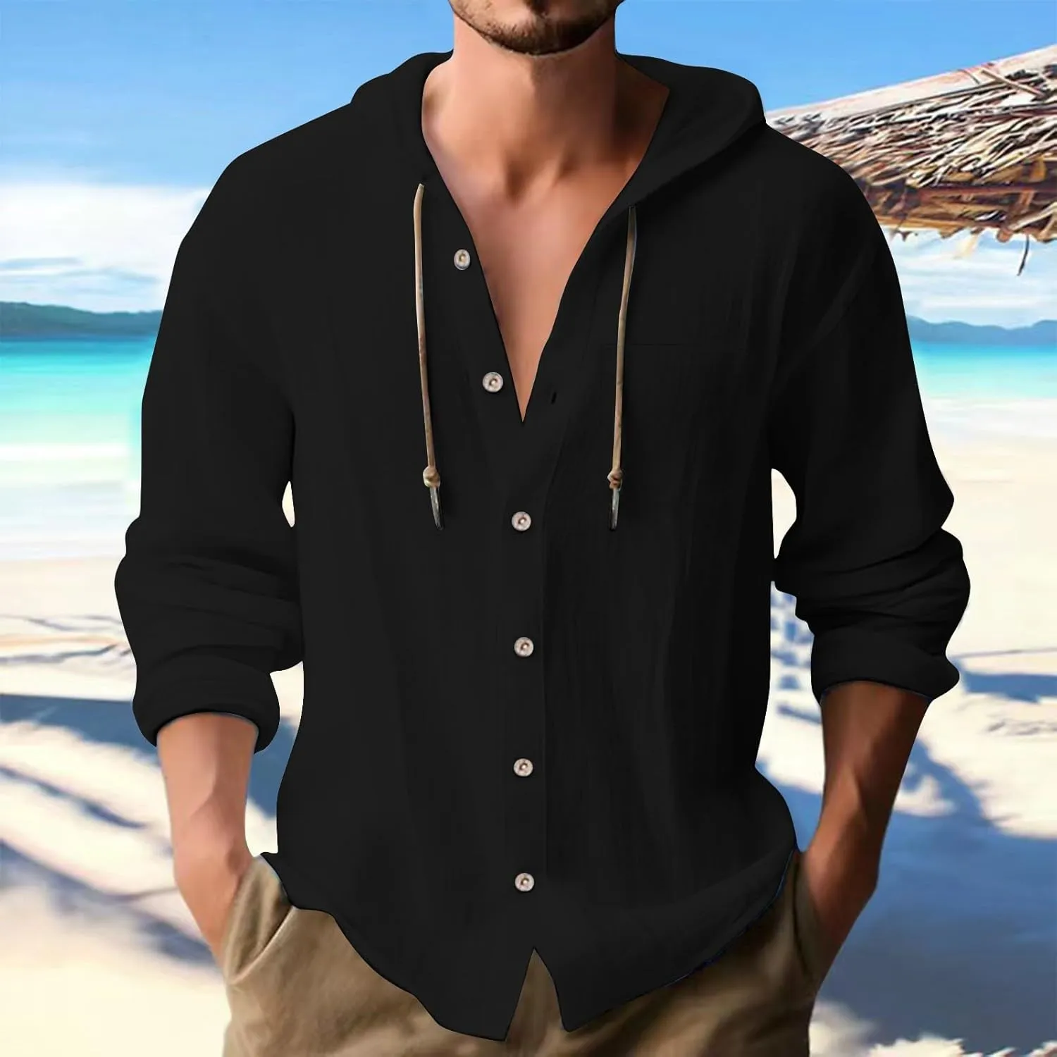 Cotton Linen Shirts for Men Button Drawstring Long Sleeve Tops with Hood Casual Breathable Summer Beach Hoodie