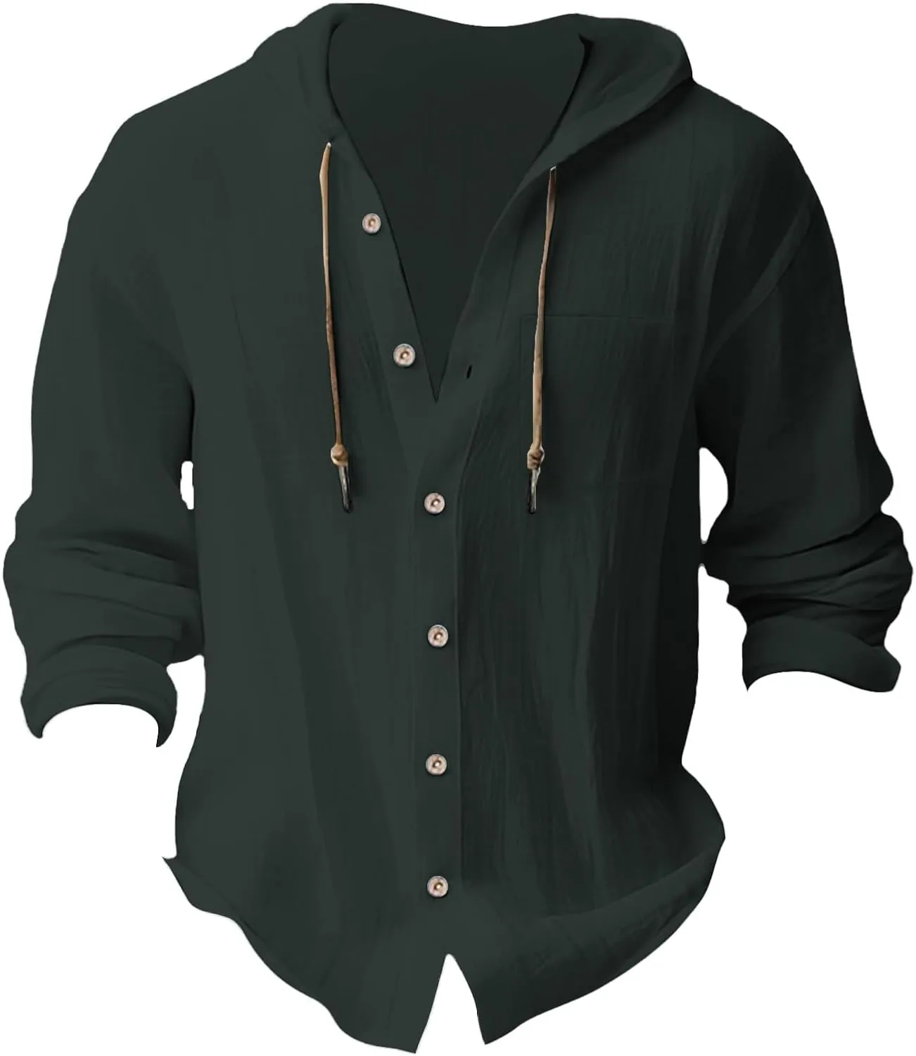 Cotton Linen Shirts for Men Button Drawstring Long Sleeve Tops with Hood Casual Breathable Summer Beach Hoodie