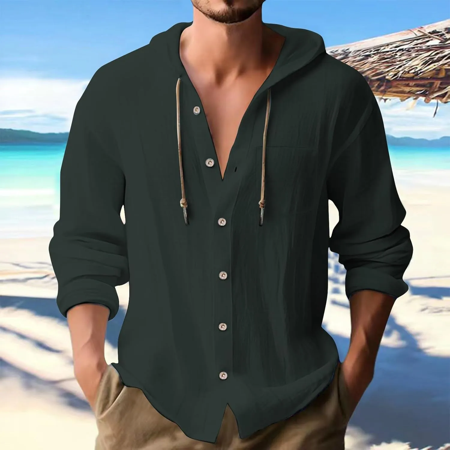 Cotton Linen Shirts for Men Button Drawstring Long Sleeve Tops with Hood Casual Breathable Summer Beach Hoodie