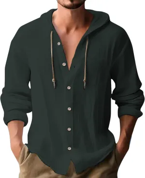 Cotton Linen Shirts for Men Button Drawstring Long Sleeve Tops with Hood Casual Breathable Summer Beach Hoodie