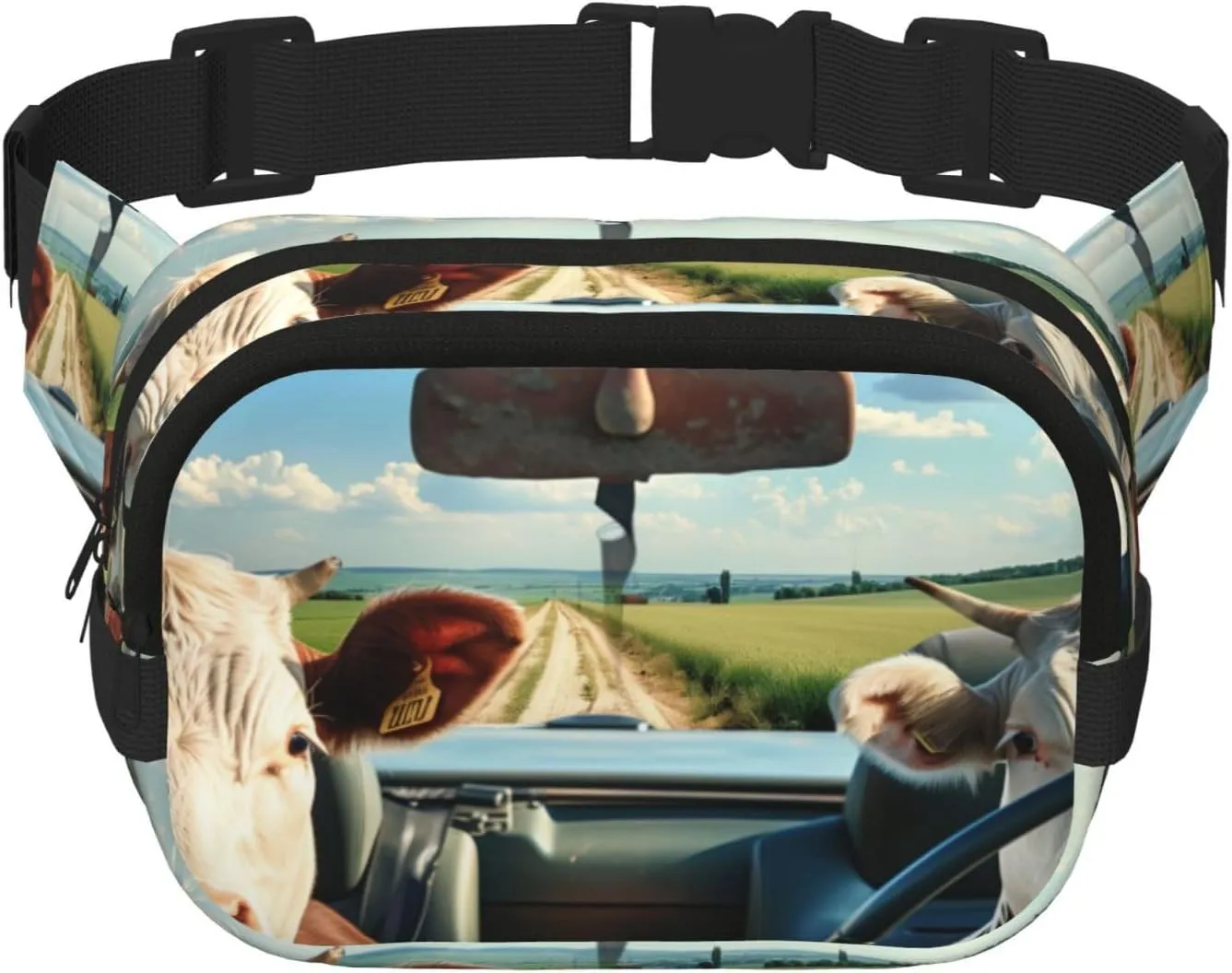 Cows Driving Funny Pack Waist Pack for Women Men, Double Layer Pack for Workout Running Travelling