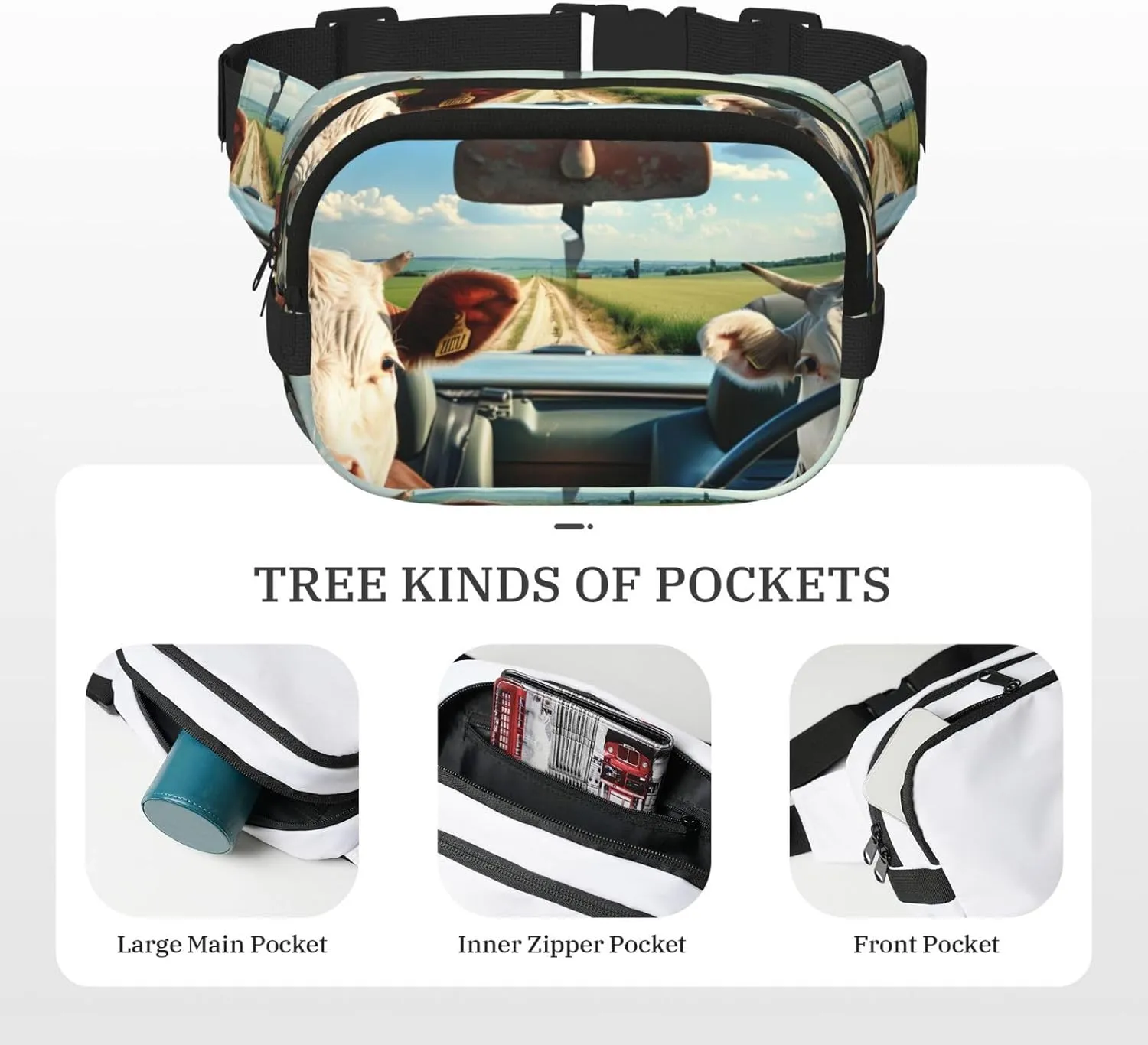 Cows Driving Funny Pack Waist Pack for Women Men, Double Layer Pack for Workout Running Travelling