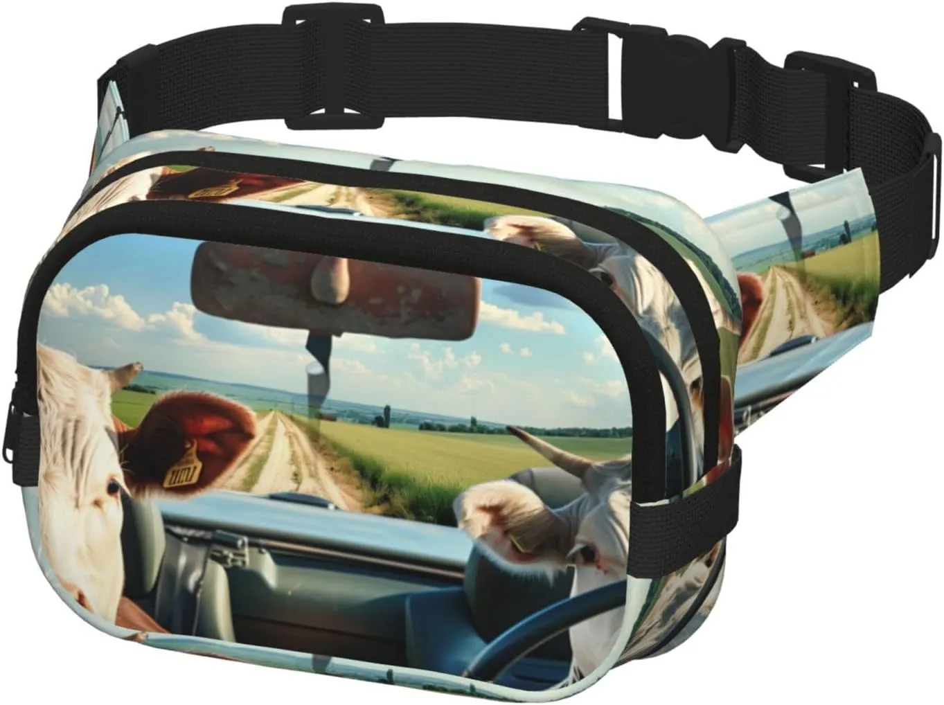 Cows Driving Funny Pack Waist Pack for Women Men, Double Layer Pack for Workout Running Travelling
