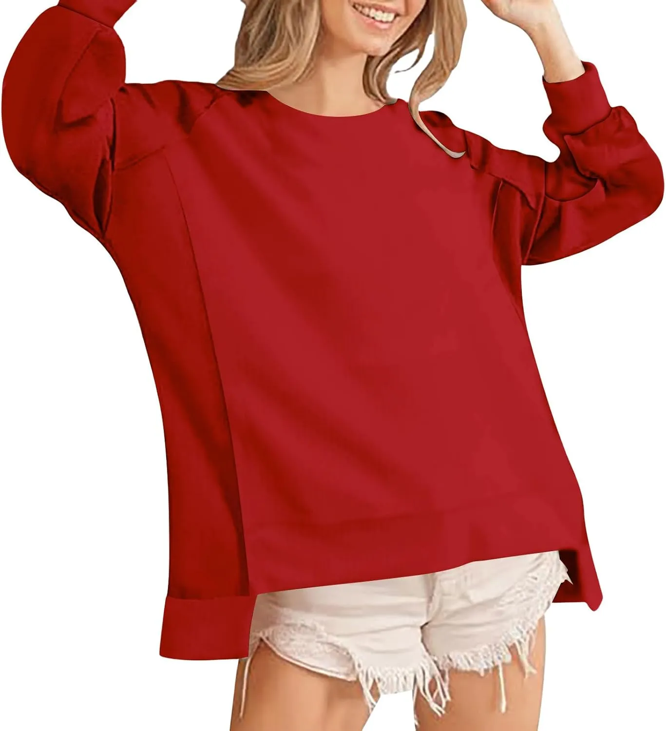 Crewneck Sweatshirt Women 2024 Fall New Solid Long Sleeve Tops Casual Oversize Wide Hem Drop Shoulder Pullover