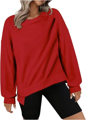 Crewneck Sweatshirt Women 2024 Fall New Solid Long Sleeve Tops Casual Oversize Wide Hem Drop Shoulder Pullover
