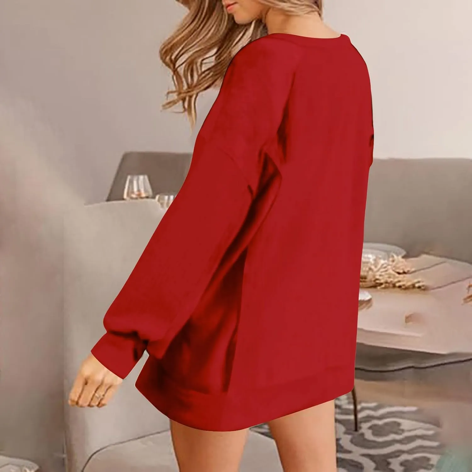 Crewneck Sweatshirt Women 2024 Fall New Solid Long Sleeve Tops Casual Oversize Wide Hem Drop Shoulder Pullover