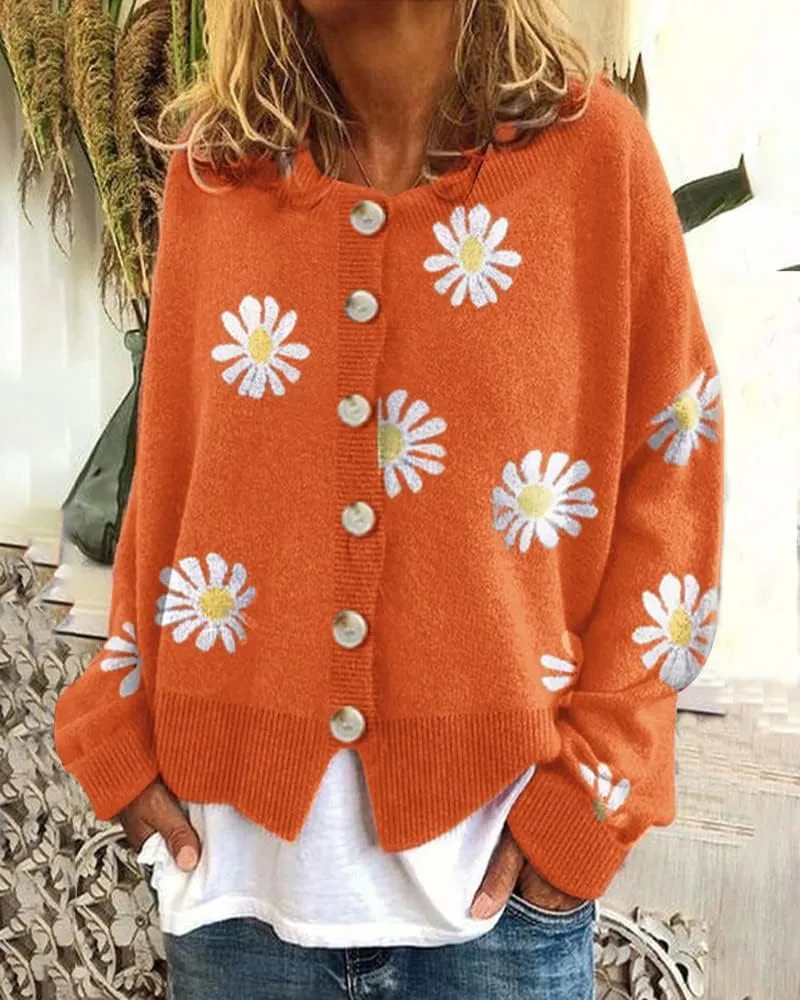 Cute Daisy Flower Knit Cardigan Sweaters for Women Button Down Open Front Aesthetic 90s Sweater Plus Size Outwear