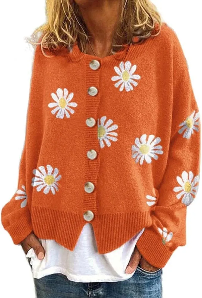 Cute Daisy Flower Knit Cardigan Sweaters for Women Button Down Open Front Aesthetic 90s Sweater Plus Size Outwear