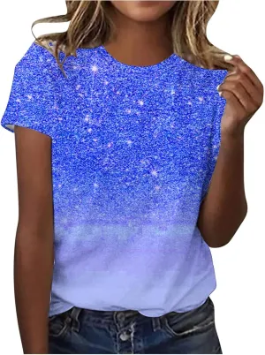 Cute Summer Shirts for Women 2024 Trendy Sparkly Print Short Sleeve Petite Tops Dressy Casual Graphic Tees