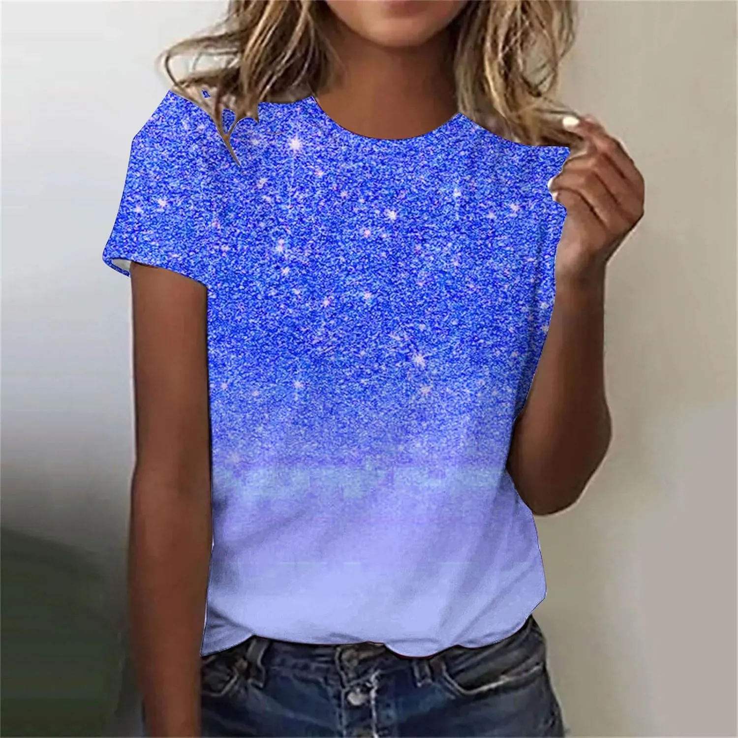Cute Summer Shirts for Women 2024 Trendy Sparkly Print Short Sleeve Petite Tops Dressy Casual Graphic Tees