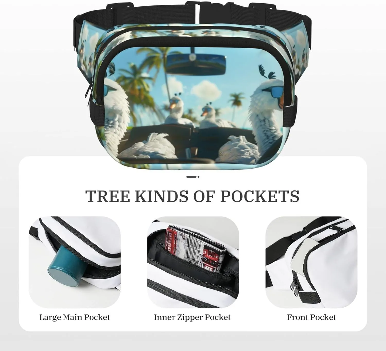 Cute White Swan Funny Pack Waist Pack for Women Men, Double Layer Pack for Workout Running Travelling