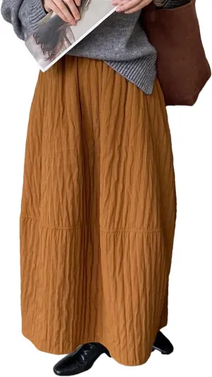 DBFBDTU Women's Causal Thick Cotton Skirt High Waist Solid Color Skirts Pleated Midi Skirts