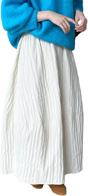 DBFBDTU Women's Causal Thick Cotton Skirt High Waist Solid Color Skirts Pleated Midi Skirts