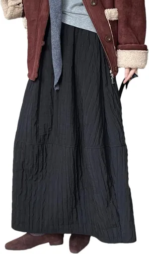 DBFBDTU Women's Causal Thick Cotton Skirt High Waist Solid Color Skirts Pleated Midi Skirts