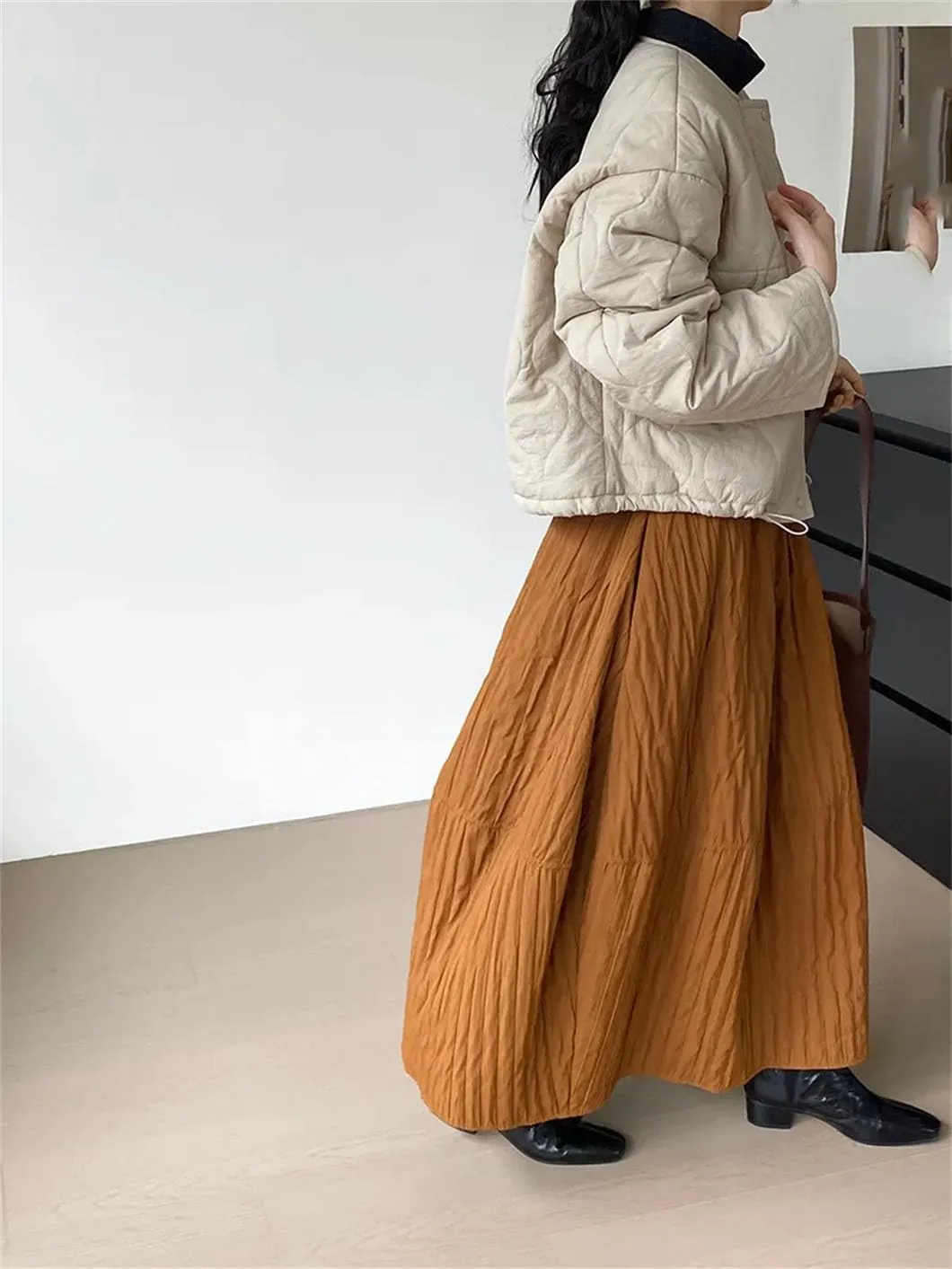 DBFBDTU Women's Causal Thick Cotton Skirt High Waist Solid Color Skirts Pleated Midi Skirts