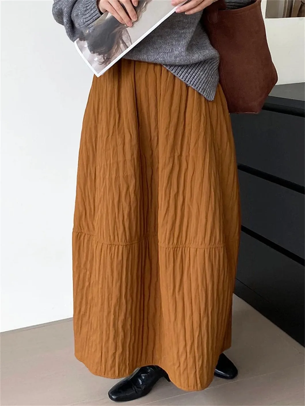 DBFBDTU Women's Causal Thick Cotton Skirt High Waist Solid Color Skirts Pleated Midi Skirts