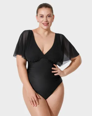 Deep V-Neck Mesh Ruffle Sleeve Swimsuit