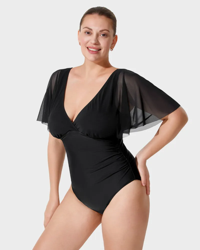 Deep V-Neck Mesh Ruffle Sleeve Swimsuit