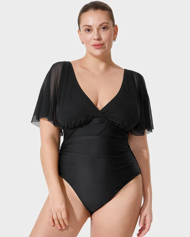 Deep V-Neck Mesh Ruffle Sleeve Swimsuit