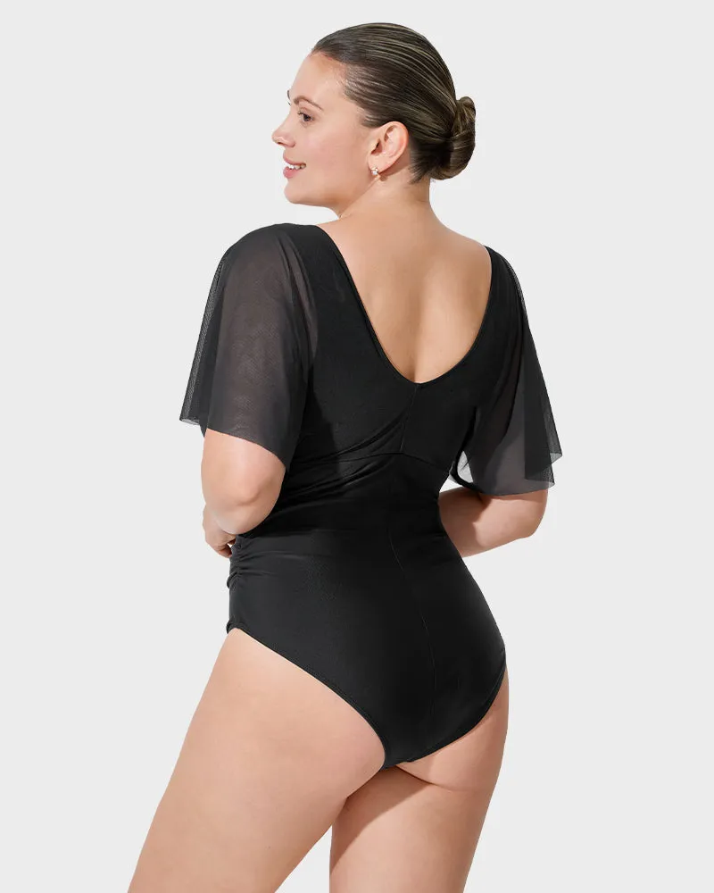 Deep V-Neck Mesh Ruffle Sleeve Swimsuit