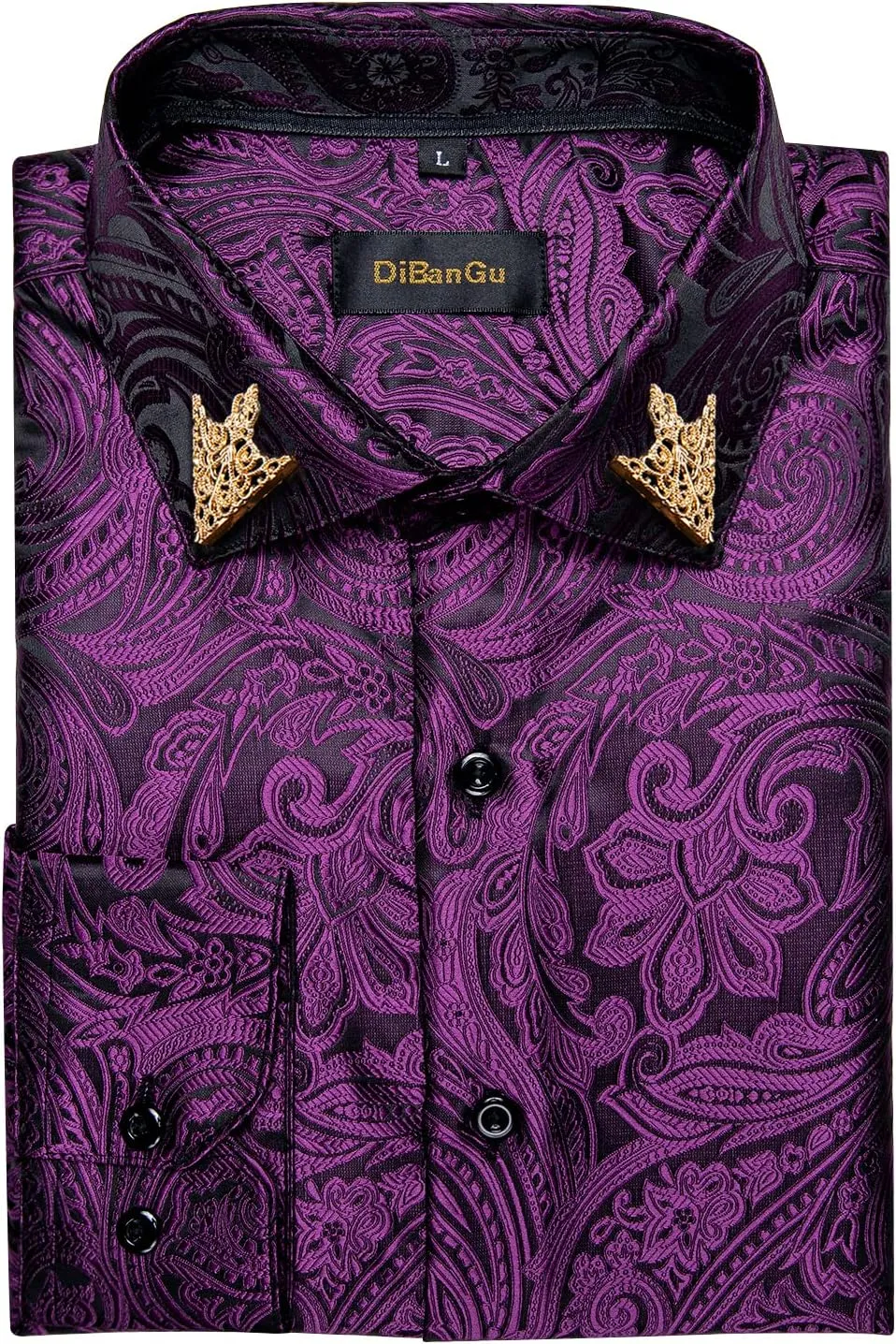 DiBanGu Mens Shirt, Paisley Floral Dress Shirt Long Sleeve with Collar Pin Brooch