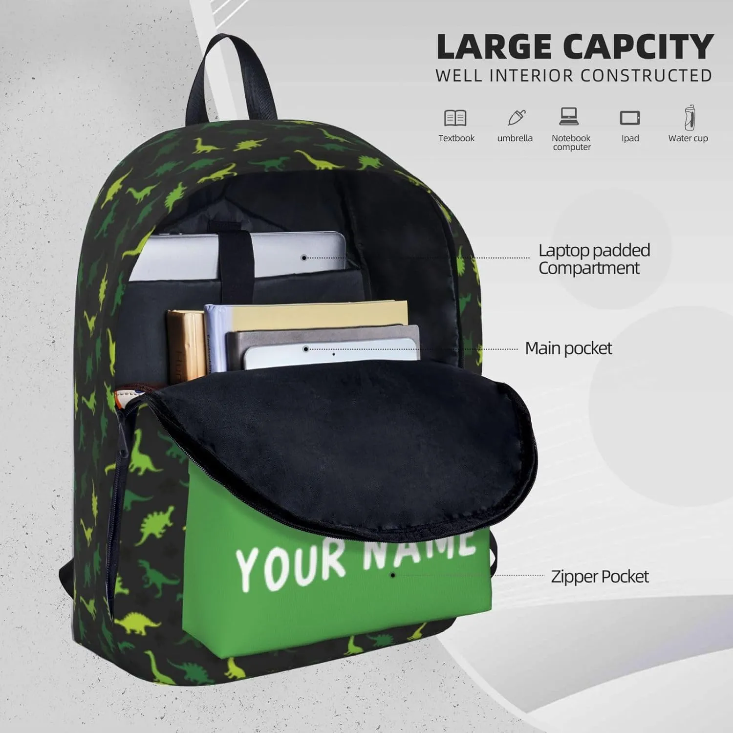 Dinosaur-Green Laptop Backpack for Girls Boys, Customized with Name, 17in