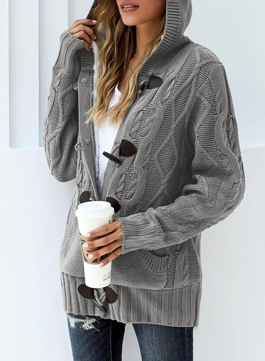 Dokotoo Women's Sweaters Winter Hooded Cardigans Button Up Cable Knit Coats Jackets Outerwear with Pockets