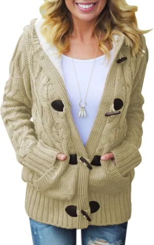 Dokotoo Women's Sweaters Winter Hooded Cardigans Button Up Cable Knit Coats Jackets Outerwear with Pockets