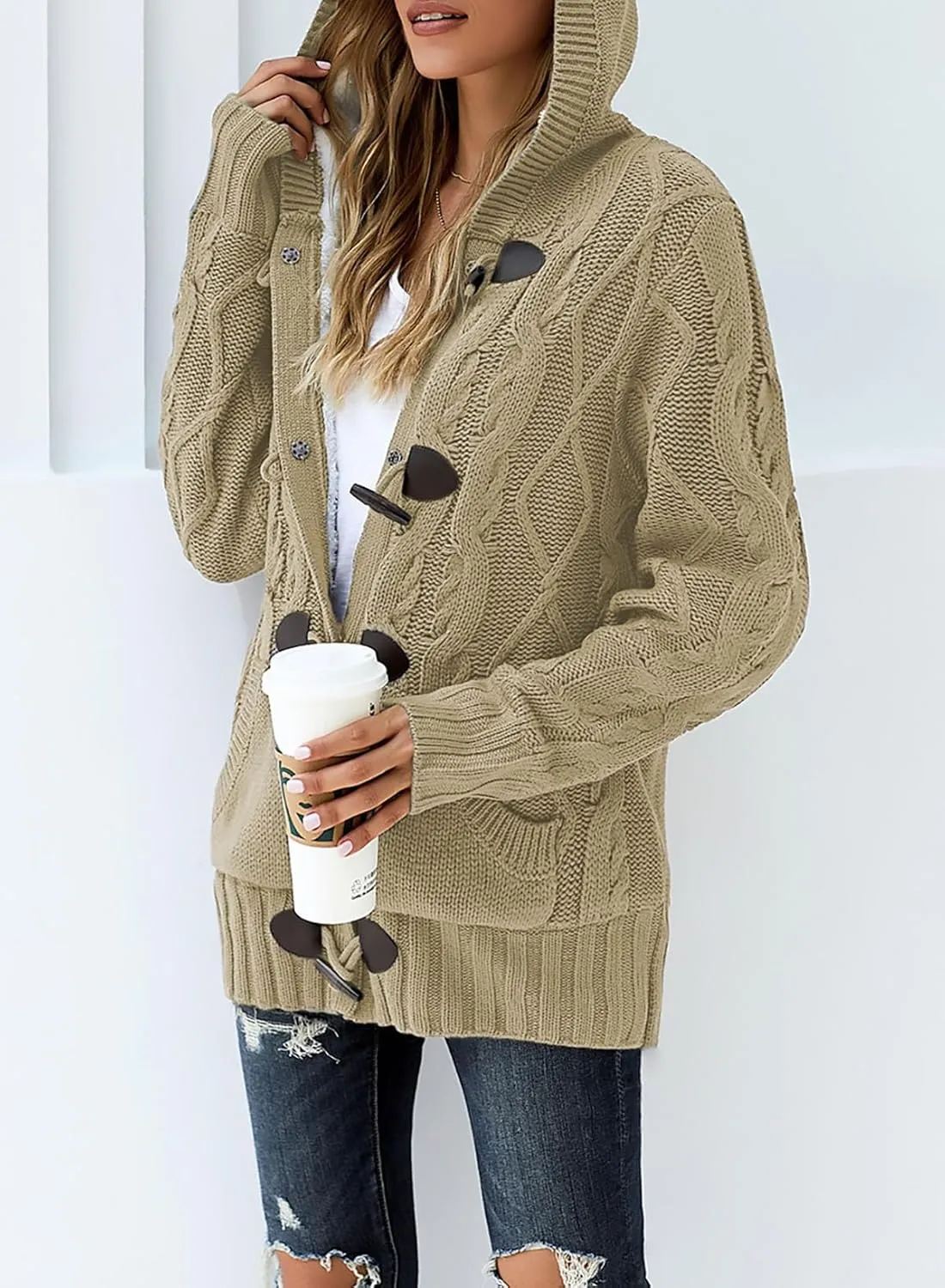 Dokotoo Women's Sweaters Winter Hooded Cardigans Button Up Cable Knit Coats Jackets Outerwear with Pockets