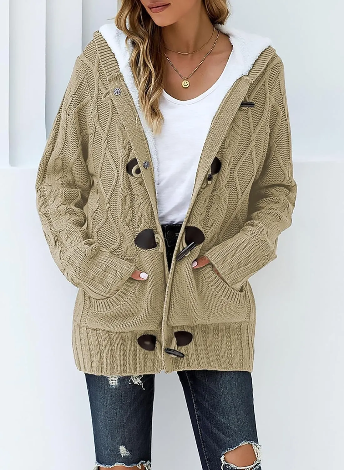 Dokotoo Women's Sweaters Winter Hooded Cardigans Button Up Cable Knit Coats Jackets Outerwear with Pockets