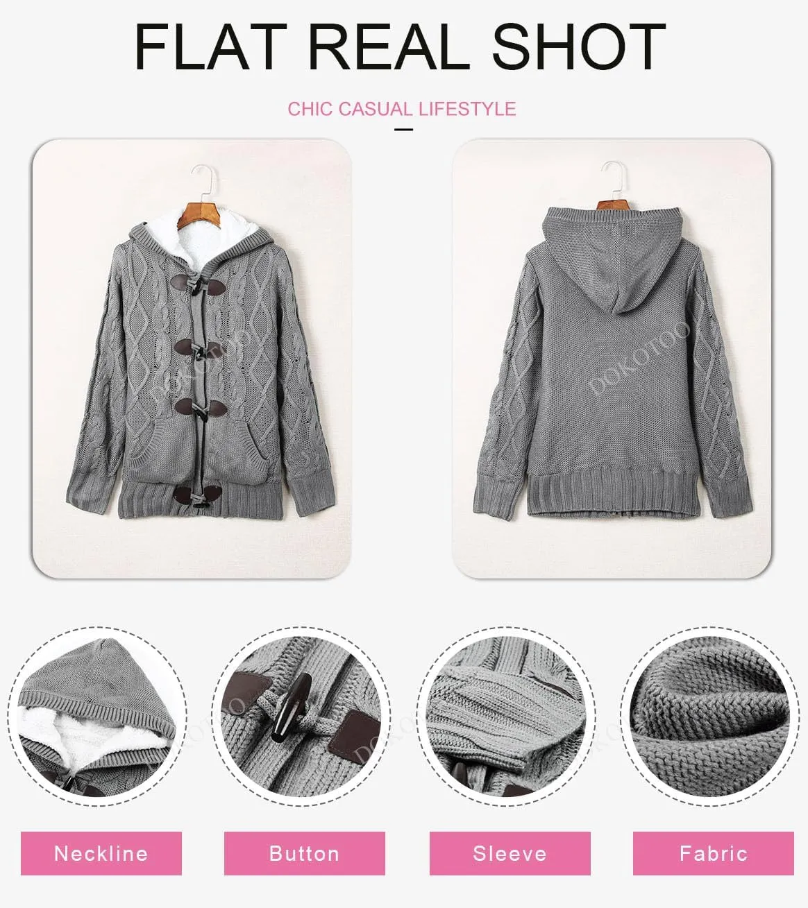 Dokotoo Women's Sweaters Winter Hooded Cardigans Button Up Cable Knit Coats Jackets Outerwear with Pockets