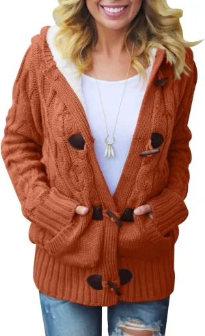 Dokotoo Women's Sweaters Winter Hooded Cardigans Button Up Cable Knit Coats Jackets Outerwear with Pockets