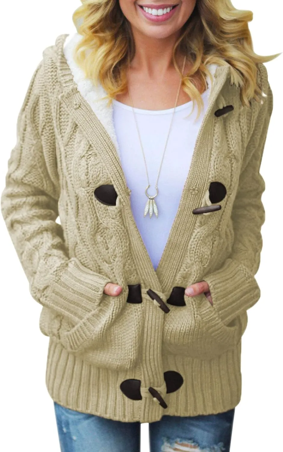 Dokotoo Women's Sweaters Winter Hooded Cardigans Button Up Cable Knit Coats Jackets Outerwear with Pockets