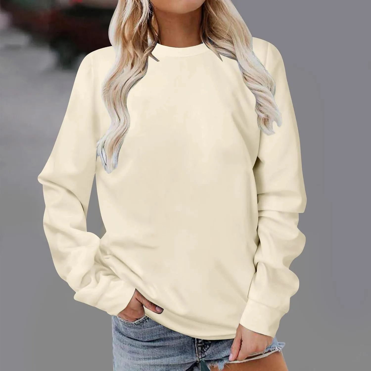 DOLKFU Sweatshirt For Womens Fashion Long Sleeve Solid Color Pullover Shirts Loose Crew Neck Casual Sweatshirts