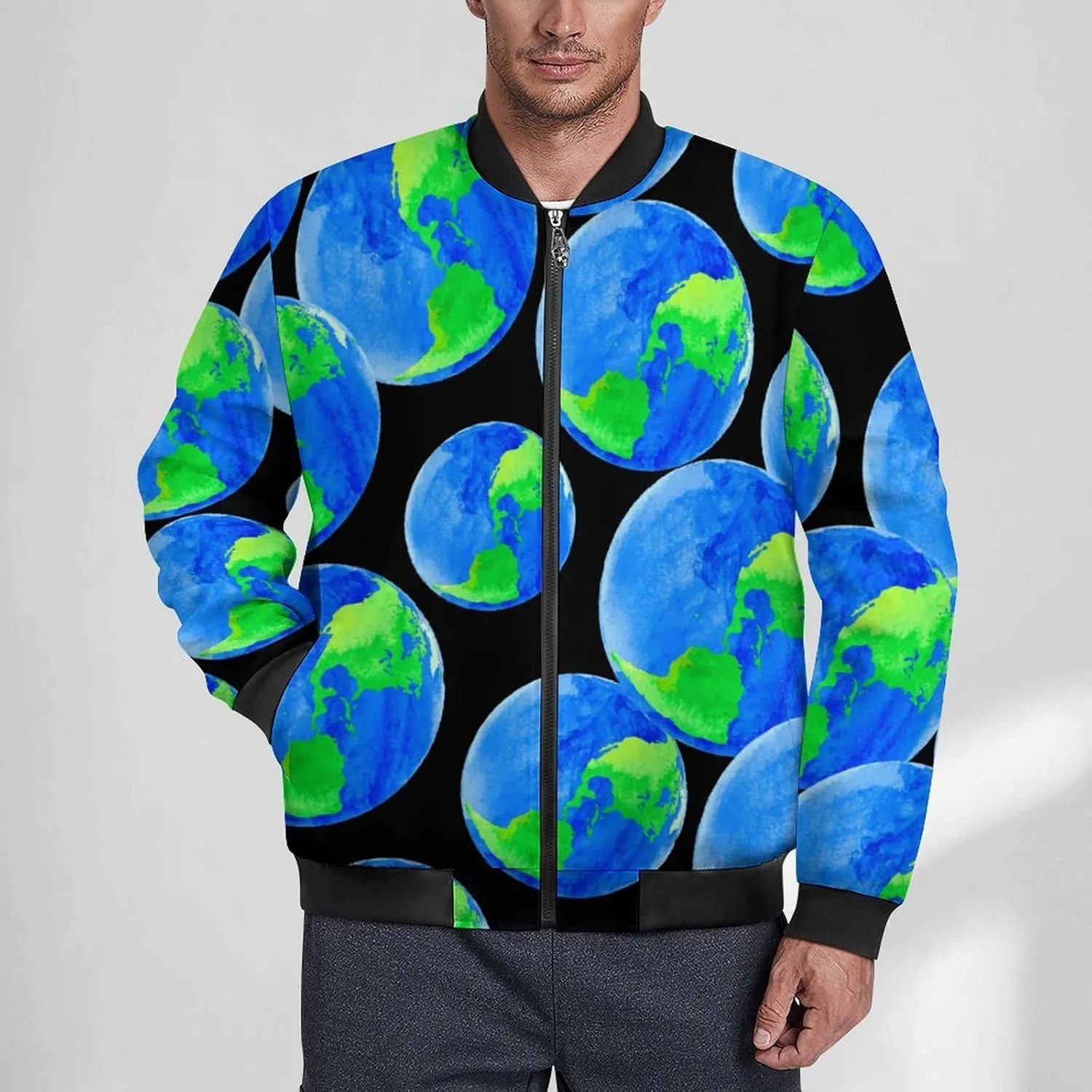 Earth with Watercolor Men's Bomber Jacket Lightweight Windbreaker Fashion Spring Fall Coats Casual Jackets for Men