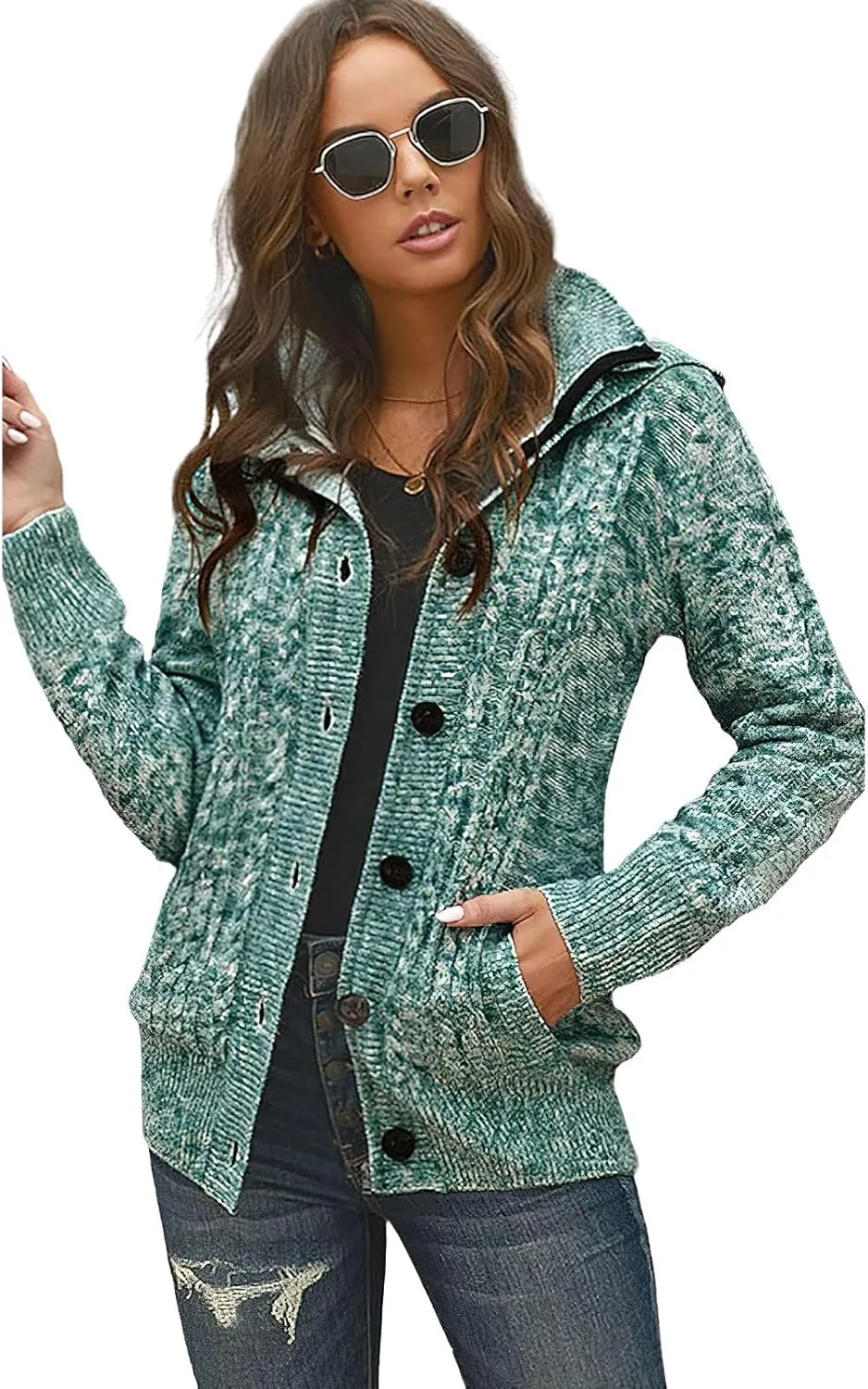 ebossy Women's Button Down Cable Knit Cardigan Sweater Thicken Warm Winter Hooded Fleece Lined Sherpa Coat